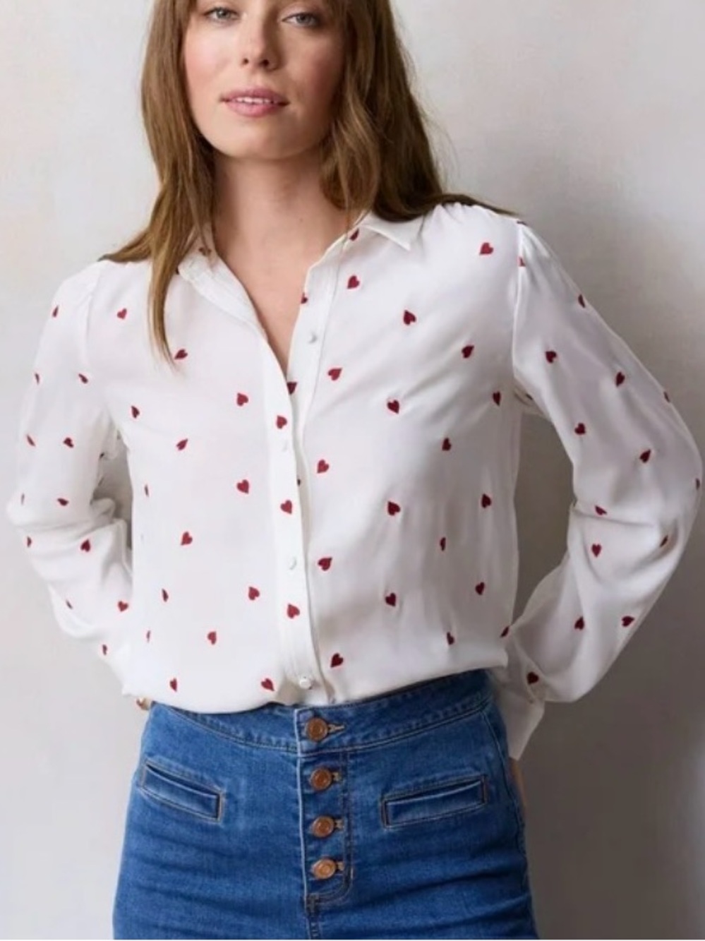 LC LAUREN CONRAD | Women’s White Novelty Print Button Up Shirt size L Red Hearts